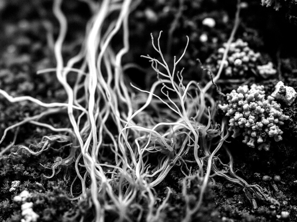 Mycelium threads weaving through moss and lichen — a living network of connections.