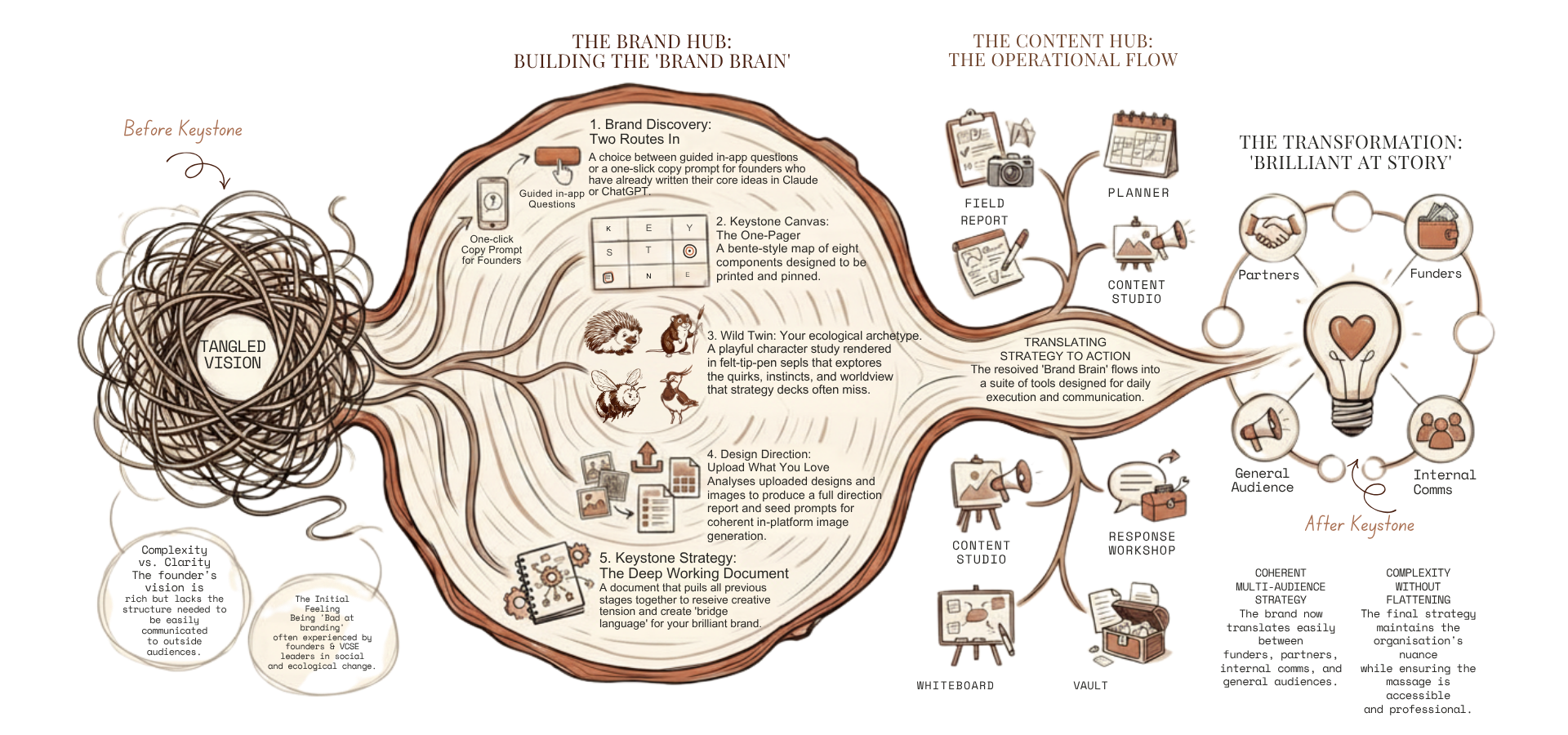 The Keystone journey: from the tangled ball of wool, through the Brand Hub and Content Hub, to a brilliant brand that reaches partners, funders, audiences and internal comms.