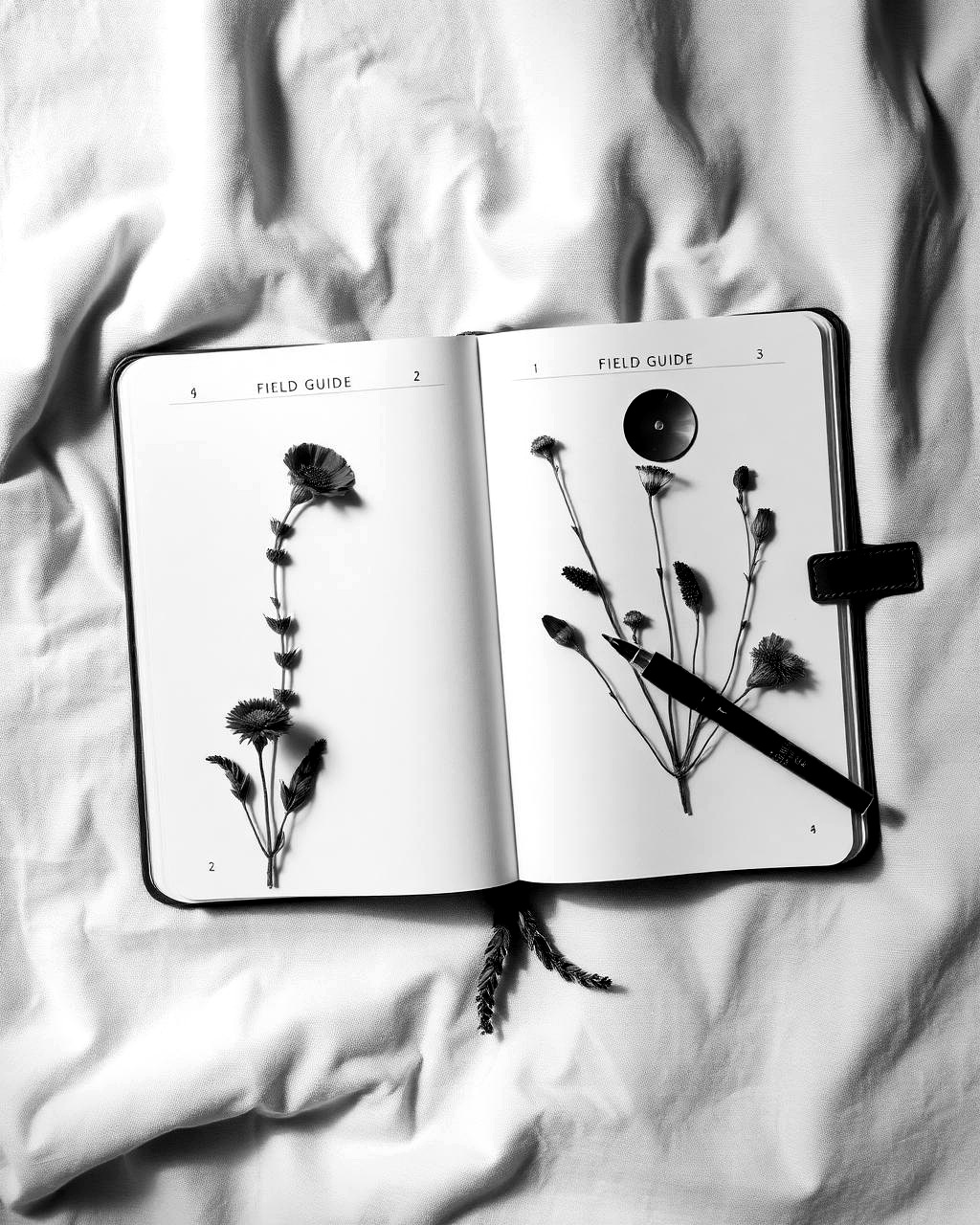 An open field guide with pressed botanical specimens and a fine ink pen — the practice of careful discovery.