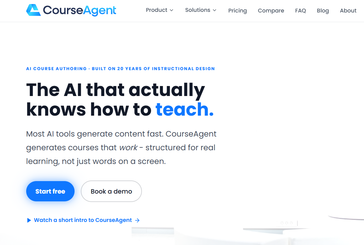 CourseAgent homepage — bold headline 'The AI that actually knows how to teach.' beside a photograph of a person working on a laptop