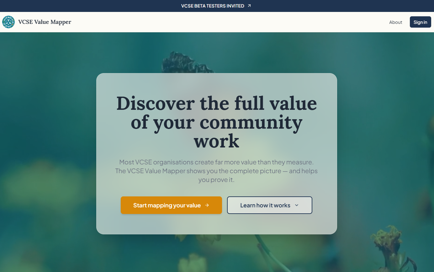 VCSE Value Mapper landing page — soft underwater greens behind a glass card reading 'Discover the full value of your community work'